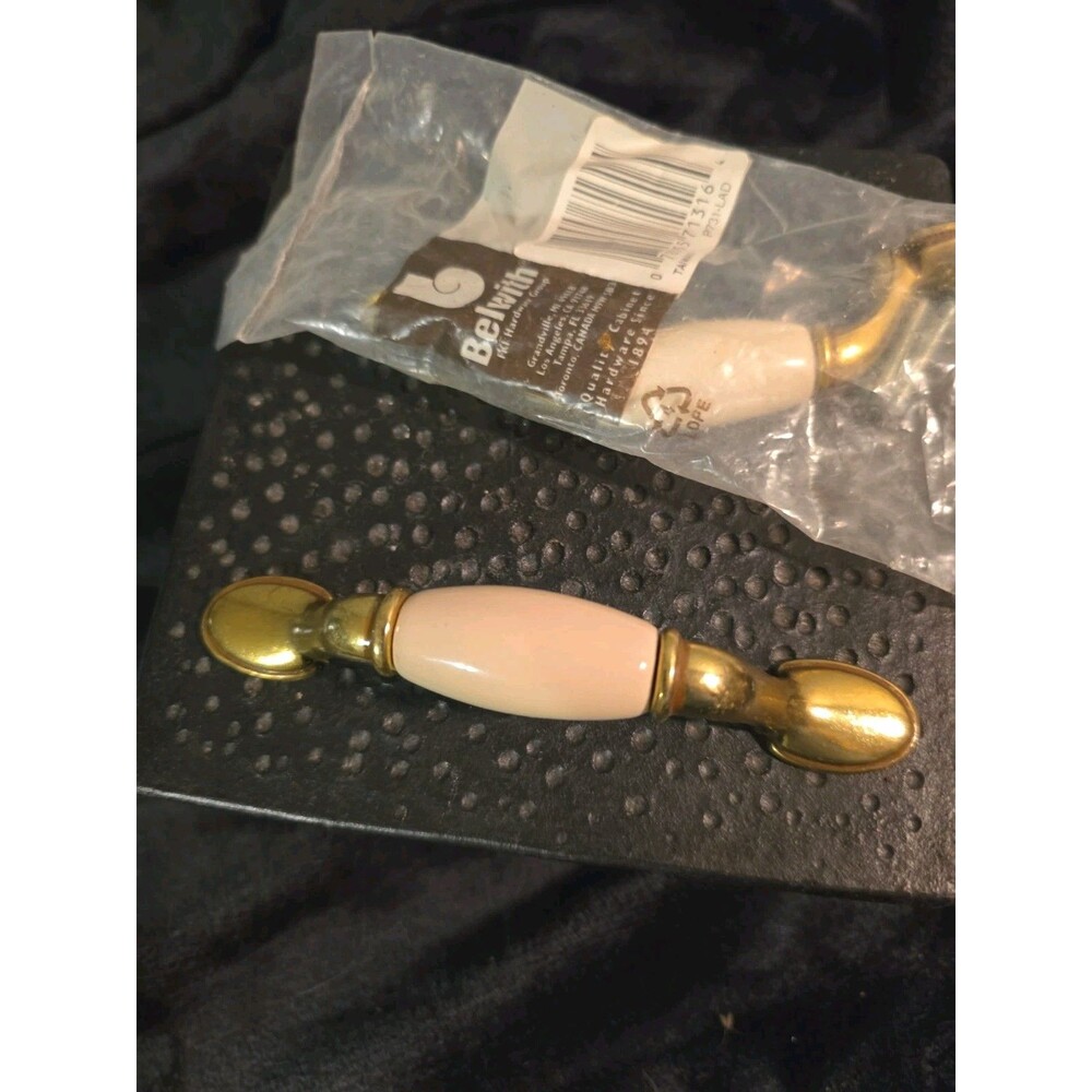 Vintage Belwith 3” Brass And Almond White Ceramic Drawer Pull Door Handle - NOS